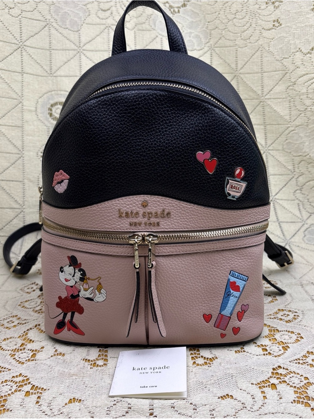 Kate Spade x Disney Minnie Mouse Medium Pink & Black Pebbled Leather Backpack